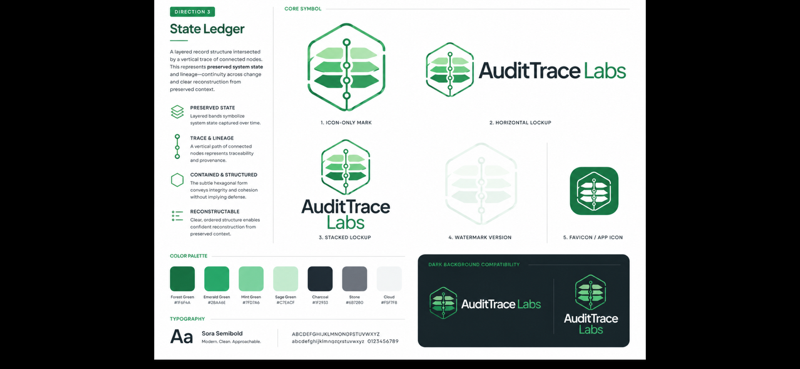 AuditTrace Labs visual identity reference showing logo, green color palette, and typography